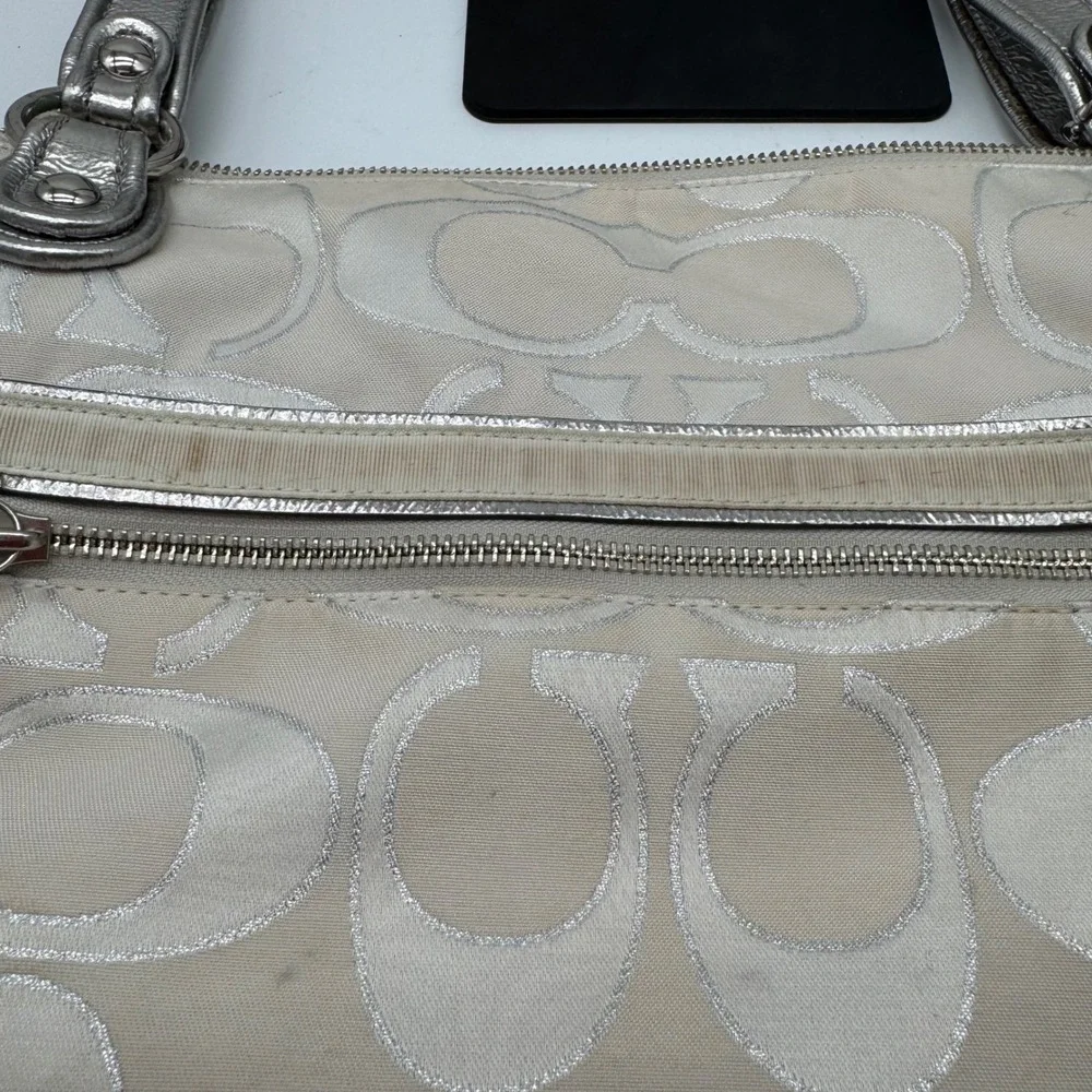Vintage COACH Poppy Signature Sateen Glam Tote Bag White Silver Metallic 17x14